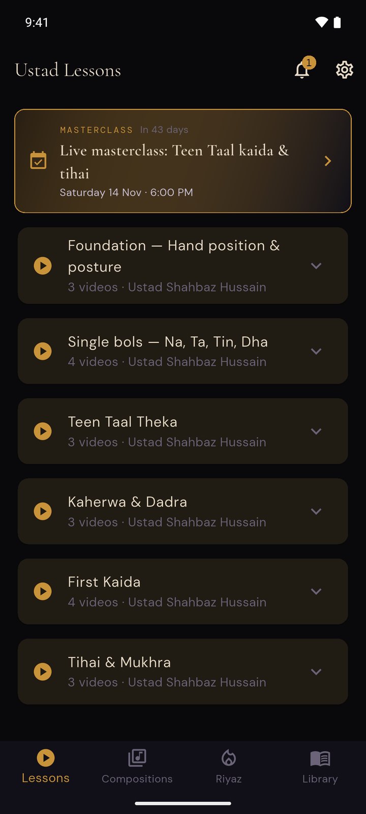 The RiyazStudios lessons screen: a live masterclass announcement above six modules taught by Ustad Shahbaz Hussain